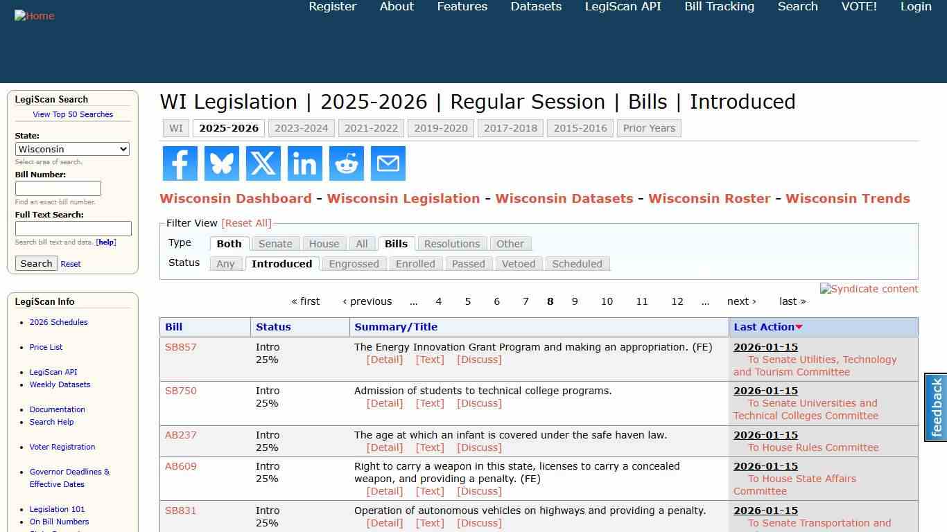 WI Legislation 2025-2026 Regular Session Bills Introduced LegiScan